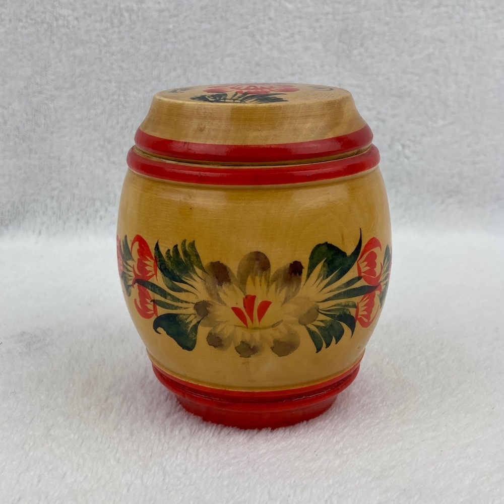 VTG 1973 Russian Hand-Painted Floral Wooden Container with Lid 4”